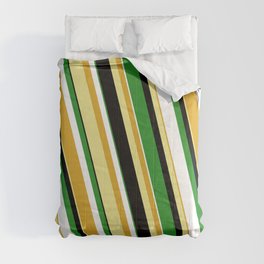 [ Thumbnail: Colorful Goldenrod, Tan, Black, Forest Green & White Colored Stripes Pattern Comforter ]