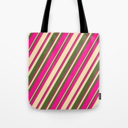 [ Thumbnail: Dark Olive Green, Deep Pink, and Beige Colored Stripes/Lines Pattern Tote Bag ]
