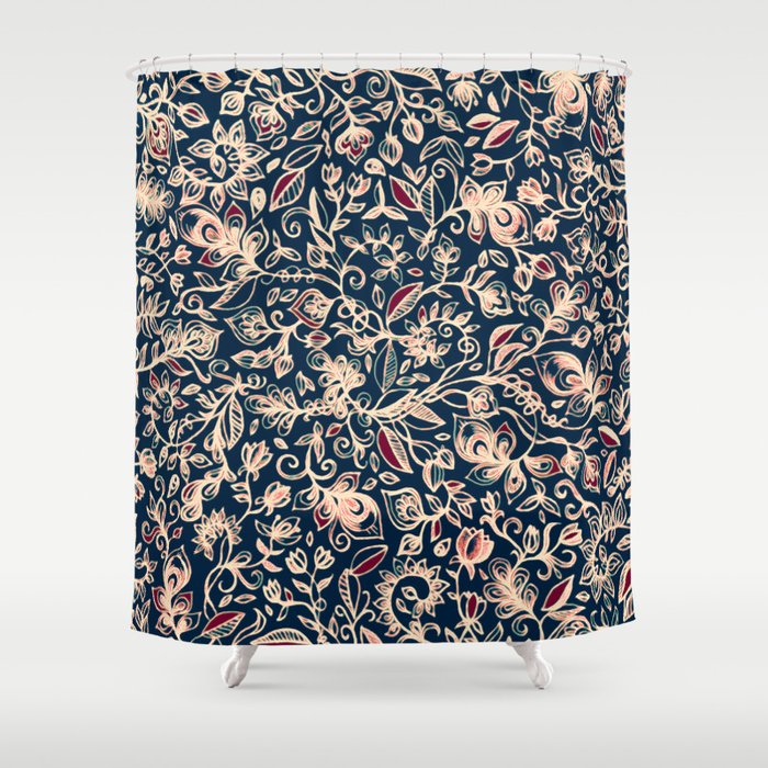 Navy Garden Floral Doodle Pattern In Cream Dark Red Blue