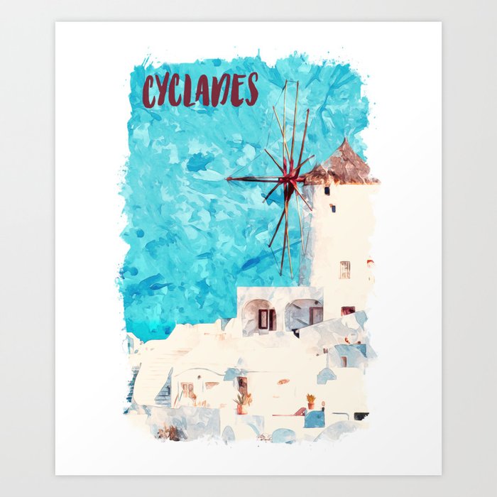 Cyclades Greece city watercolor Art Print