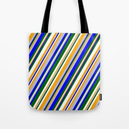 [ Thumbnail: Eyecatching Grey, Blue, Dark Green, White, and Orange Colored Stripes/Lines Pattern Tote Bag ]