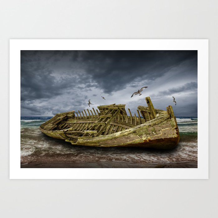 Boat Shipwreck on the Beach Shore Art Print