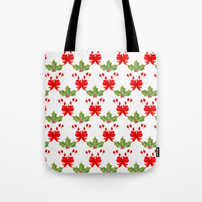 Christmas Pattern Watercolor Candy Bow Mistletoe Tote Bag