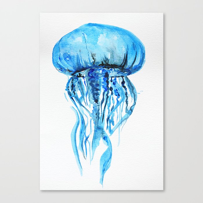 Blue Jellyfish, nautical illustration, sea-life Canvas Print