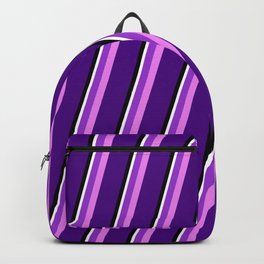 [ Thumbnail: Eyecatching Dark Orchid, Violet, Indigo, Black & White Colored Stripes/Lines Pattern Backpack ]