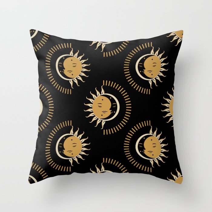 Sun Moon Pattern - Black Throw Pillow
