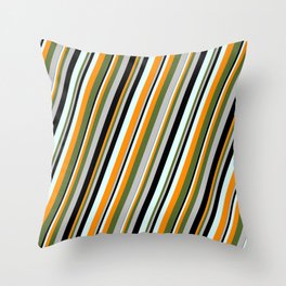 [ Thumbnail: Light Cyan, Dark Orange, Dark Olive Green, Grey, and Black Colored Striped Pattern Throw Pillow ]