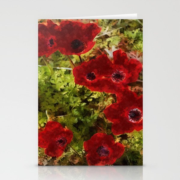 Red Wild Anemone Flowers Abstract Art Stationery Cards