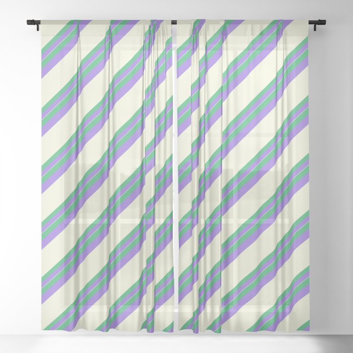 Sea Green, Purple & Beige Colored Stripes/Lines Pattern Sheer Curtain