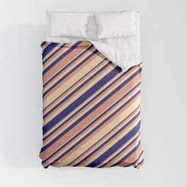 [ Thumbnail: Dark Salmon, Beige, and Midnight Blue Colored Pattern of Stripes Comforter ]