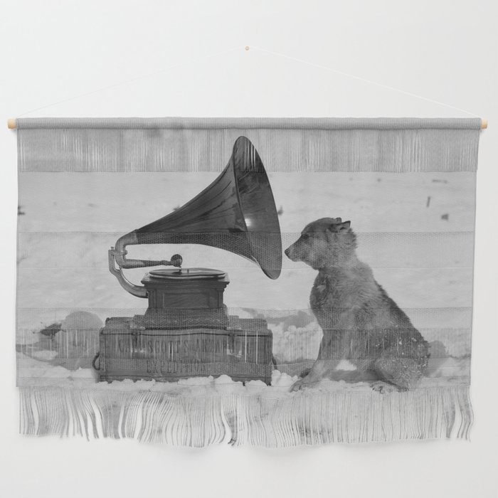 Chris the Dog and the Gramophone, Anarctic snow-covered polar black and white photography / photographs by Herbert Ponting Wall Hanging