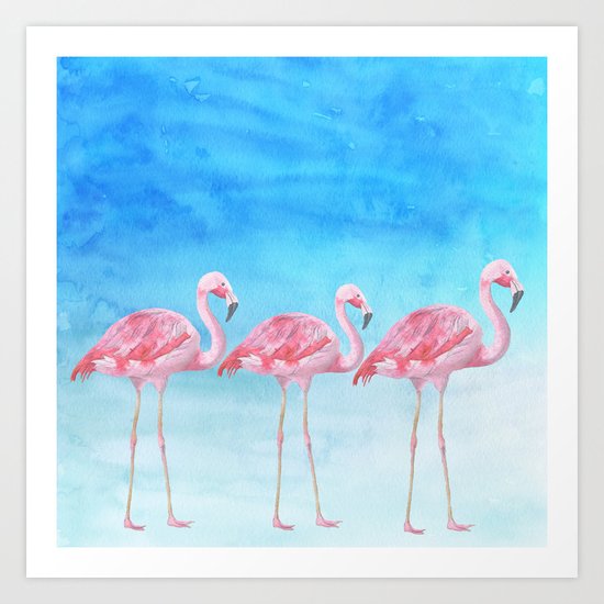 Flamingo bird summer lagune - watercolor illustration Art Print