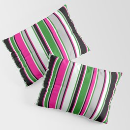[ Thumbnail: Eyecatching Grey, Forest Green, Mint Cream, Deep Pink, and Black Colored Pattern of Stripes Pillow Sham ]