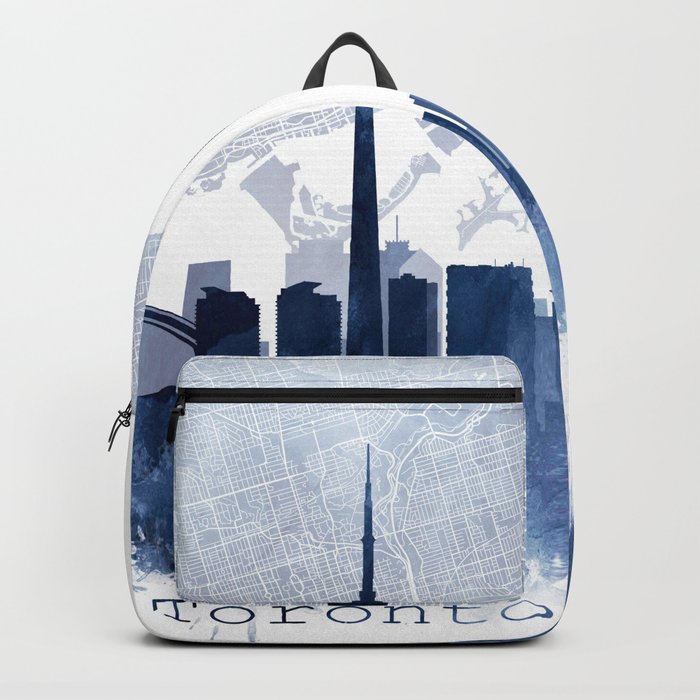 Toronto Skyline & Map Watercolor Navy Blue, Print by Zouzounio Art Backpack
