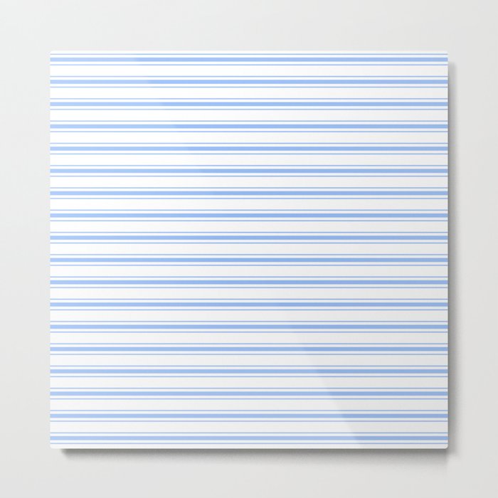 Mattress Ticking Wide Striped Pattern in Pale Blue and White Metal Print