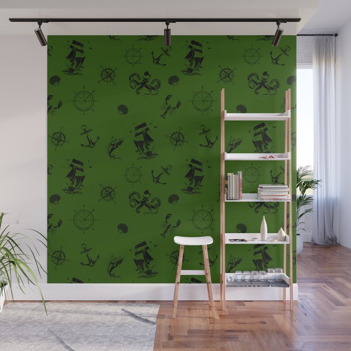 Green And Black Silhouettes Of Vintage Nautical Pattern Wall Mural