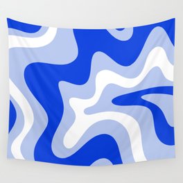 Retro Liquid Swirl Abstract Pattern Square in Royal Blue, Light Blue, and White Wall Tapestry