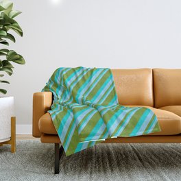 [ Thumbnail: Sky Blue, Green & Dark Turquoise Colored Striped Pattern Throw Blanket ]