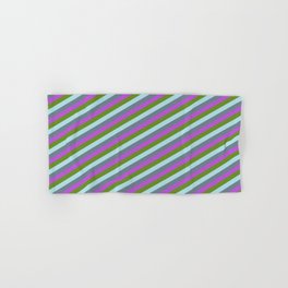 [ Thumbnail: Powder Blue, Slate Gray, Orchid & Green Colored Stripes/Lines Pattern Hand & Bath Towel ]