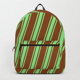 [ Thumbnail: Brown & Light Green Colored Striped/Lined Pattern Backpack ]