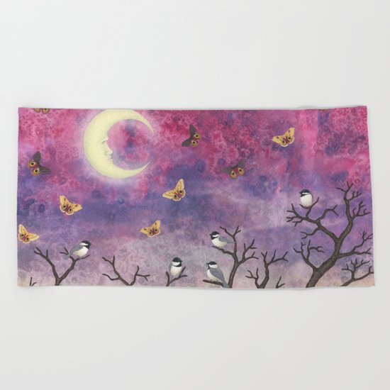 chickadees and io moths in the moonlit sky Beach Towel