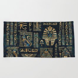 Egyptian hieroglyphs and deities -Abalone and gold Beach Towel