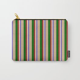 [ Thumbnail: Colorful Slate Blue, Beige, Brown, Dark Green, and Tan Colored Lines Pattern Carry-All Pouch ]