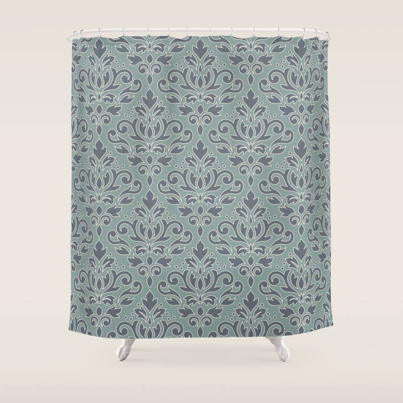 Scroll Damask Outline Pattern Blue Cream Teal Shower Curtain By