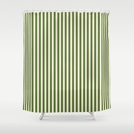 [ Thumbnail: Beige and Dark Olive Green Colored Pattern of Stripes Shower Curtain ]