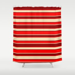 [ Thumbnail: Dark Red, Red, and Tan Colored Striped Pattern Shower Curtain ]