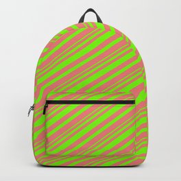 [ Thumbnail: Light Coral & Green Colored Striped Pattern Backpack ]