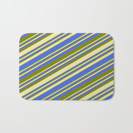 [ Thumbnail: Pale Goldenrod, Royal Blue, and Green Colored Lined Pattern Bath Mat ]