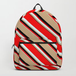 [ Thumbnail: Red, Light Cyan, Tan, and Black Colored Lines/Stripes Pattern Backpack ]