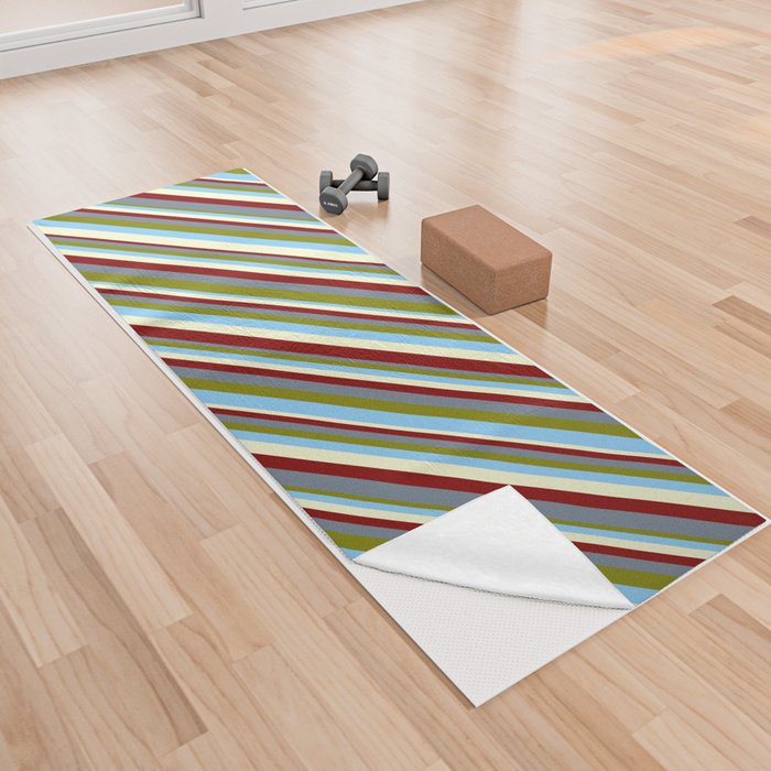 Maroon, Slate Gray, Green, Light Sky Blue, and Light Yellow Colored Stripes/Lines Pattern Yoga Towel