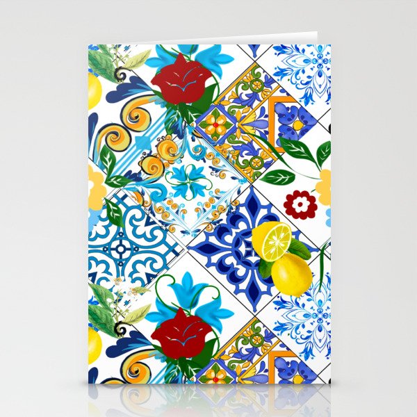 Tiles,mosaic,azulejo,quilt,Portuguese,majolica,lemons,citrus. Stationery Cards