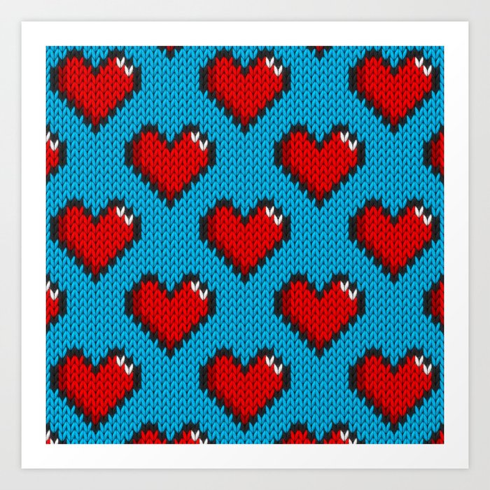 Knitted heart pattern - blue Art Print