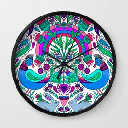 Folk Art Rainbow Birds and Bunnies - Blue and Purple Distelfink Daydream  Wall Clock