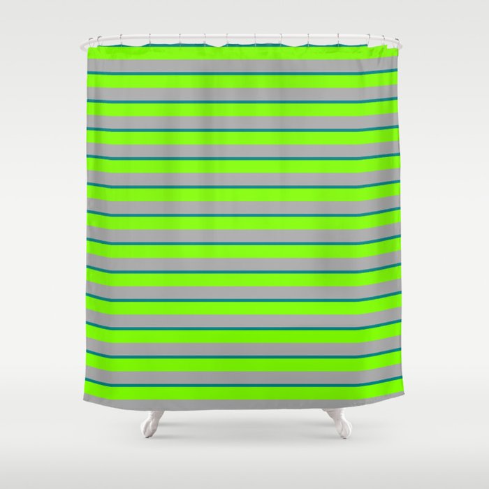 Teal, Chartreuse, and Dark Gray Colored Striped/Lined Pattern Shower Curtain