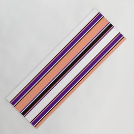[ Thumbnail: Light Salmon, Indigo, White, and Black Colored Striped Pattern Yoga Mat ]