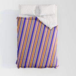 [ Thumbnail: Dark Orange, Light Pink, Blue & Dark Grey Colored Lines Pattern Comforter ]