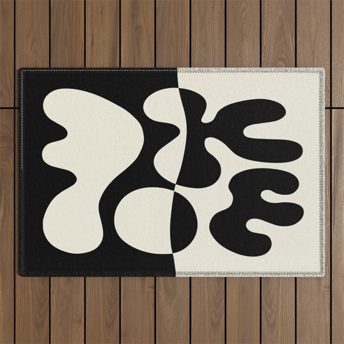 Mid Century Modern Organic Abstraction 235 Black and Ivory White Outdoor Rug