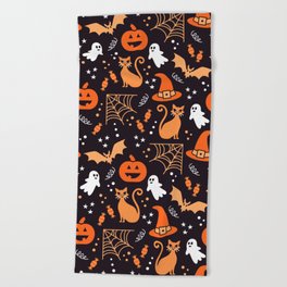 Halloween party illustrations orange, black Beach Towel