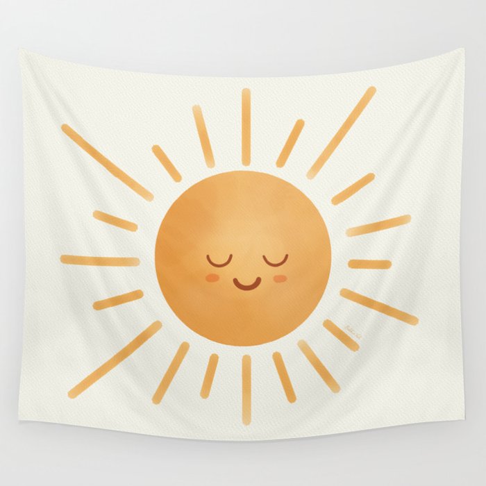 Peace Sun Face, Calm Happy Sunshine Watercolor Wall Tapestry