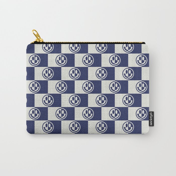 Smiley Faces On Checkerboard (Muted Beige & Dark Blue)  Carry-All Pouch