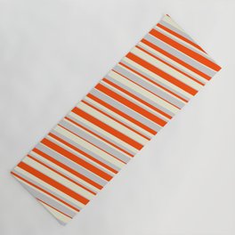 [ Thumbnail: Light Grey, Red, and Beige Colored Striped Pattern Yoga Mat ]