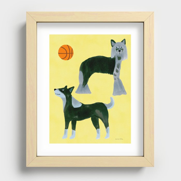 Dogs and a Basketball - Green and Yellow Recessed Framed Print