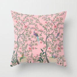 Chinoiserie Pink Fresco Floral Garden Birds Oriental Botanical Throw Pillow