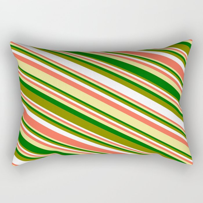 Eyecatching Green, White, Red, Tan & Dark Green Colored Striped/Lined Pattern Rectangular Pillow
