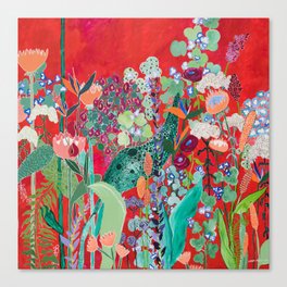 Red floral Jungle Garden Botanical featuring Proteas, Reeds, Eucalyptus, Ferns and Birds of Paradise Canvas Print