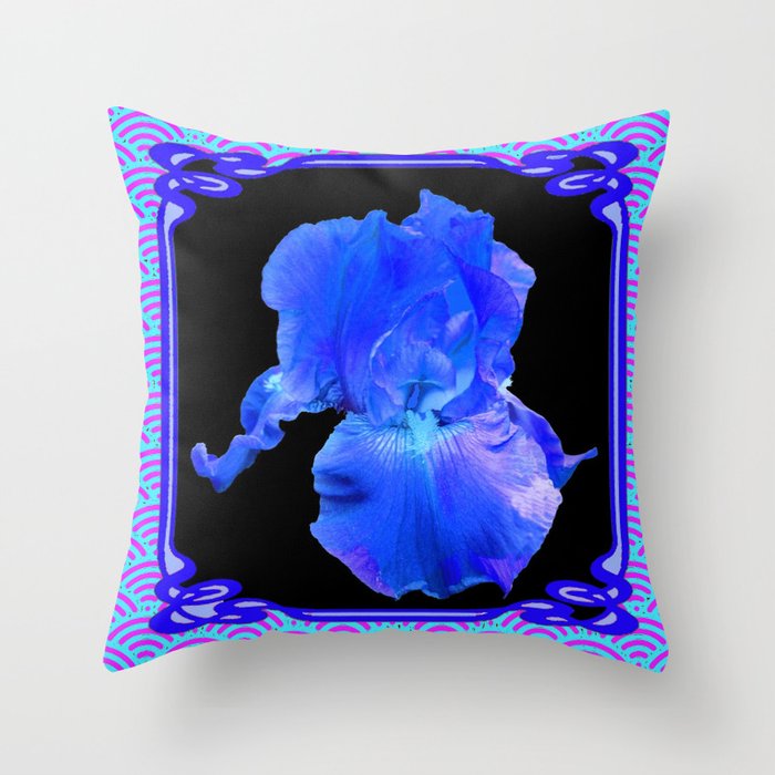 Blue-Lavender Iris Art Nouveau Pattern Art Throw Pillow